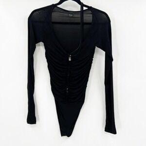 Pinko Birba Body Jersey Crepe Mat Black Ruched V-Neck Mesh Sleeve Bodysuit M